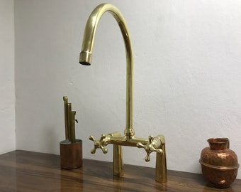 Augusta bridge unlacquered brass kitchen faucet with separate hand sprayer & Simple cross handles