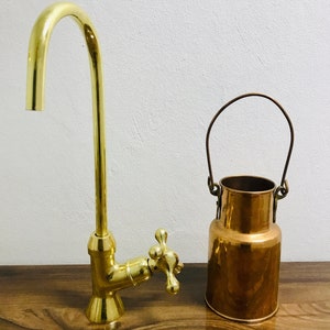Handcrafted Unlacquered Brass Gooseneck Faucet: Cross Handle Cold Water Tap