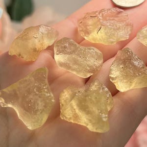 Puede incluir: Una colecci&oacute;n de cristales de citrino en bruto, de color amarillo dorado, cada uno con una forma y textura &uacute;nicas. Se incluye una moneda para comparar el tama&ntilde;o, mostrando las piedras preciosas naturales sin pulir.
