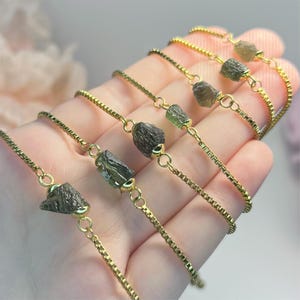 Gold SS- Raw Authentic Moldavite Silver chain bracelet | Adjustable Size | Genuine Real Moldavite Jewelry | Dainty | Stainless Steel