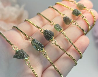 Gold SS- Raw Authentic Moldavite Silver chain bracelet | Adjustable Size | Genuine Real Moldavite Jewelry | Dainty | Stainless Steel