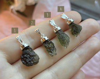 Raw authentic Moldavite Silver Cap Necklace / Pendant / Genuine Moldavite Jewelry / Dainty Necklace / Chlum locality