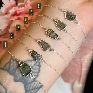 Bezel Moldavite Bracelet | Sterling Silver Link Chain | Adjustable Size | Genuine Real Raw Moldavite Jewelry | Dainty | Chlum locality