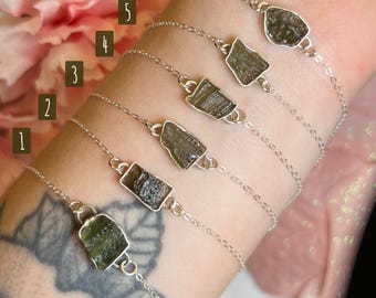 Bezel Moldavite Bracelet | Sterling Silver Link Chain | Adjustable Size | Genuine Real Raw Moldavite Jewelry | Dainty | Chlum locality