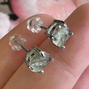 6 mm Moldavite Earrings | Authentic Moldavite Stud Earrings | Raw Moldavite Jewelry | Sterling Silver Earrings | Raw Stone Set in Prongs