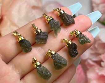Raw authentic Moldavite Gold Sterling Cap Necklace / Pendant Only / Genuine Moldavite Jewelry / Dainty Necklace / Chlum locality