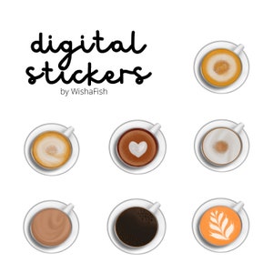 May include: Six digital stickers featuring different types of coffee drinks in white mugs with a white background. The coffee drinks include a latte with a heart design, a cappuccino with a foam design, a latte with a leaf design, a mocha, a black coffee, and a chai latte.