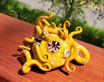 Meddling Observer - monsters - sculpture - polymer clay - yellow - red