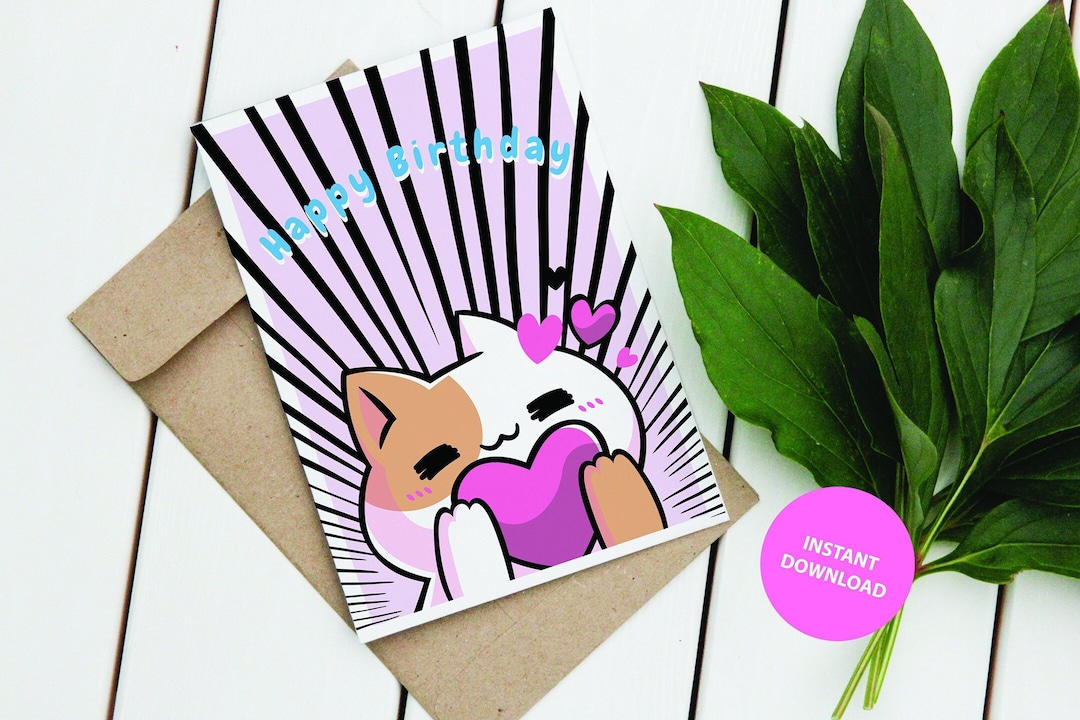 Kawaii Birthday Card, Happy Birthday Card, Printable, Foldable, Cute