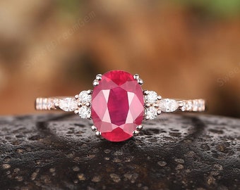 2CT Oval Cut Natural Ruby Engagement Ring, Unique 14K Rose Gold Ruby Diamond Wedding Promise Ring, Half Eternity Pave Ruby Promise Ring