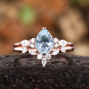 Vintage Pear Cut Aquamarine Engagement Ring Set, Unique Blue Aquamarine Promise Ring Gift, Art Deco March Birthstone Wedding Set Bridal Set