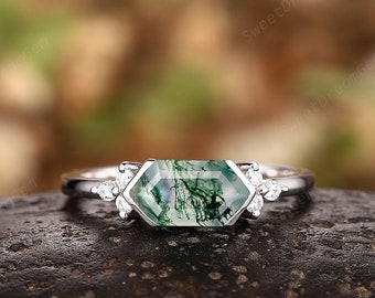 Long Hexagon Moss Agate Engagement Ring, Solitaire White Gold Moss Agate Wedding Ring, Moissanite Promise Anniversary Ring Gift for Women