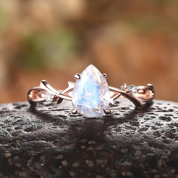Unique Pear Cut Natural Moonstone and Diamond Engagement Ring, 14K Rose Gold Moonstone Promise Wedding Ring, Twig Branch Ring for Women