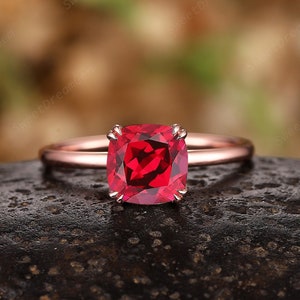 Vintage Cushion Cut Ruby Engagement Solitaire Ring, Unique 14K Rose Gold Ruby Wedding Ring, Ruby Promise Anniversary Ring Gift for Women