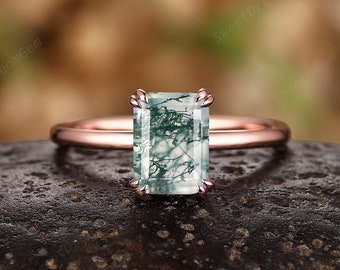 Vintage Emerald Cut Moss Agate Engagement Solitaire Ring, Unique 14K Rose Gold Moss Agate Wedding Ring, Promise Anniversary Rings for Women