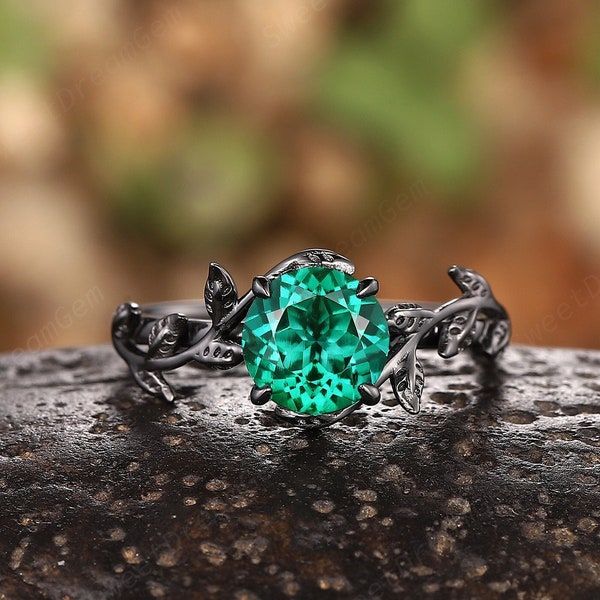 Vintage Round Emerald Black Engagement Ring, Black Gold Emerald Leaf Promise Ring, Black Wedding Ring, Black Promise Ring, Solitaire Ring