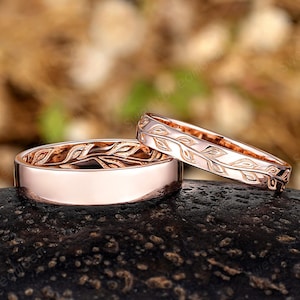 Nature Inspired Couples Ring Set 14k Gold Hand Carving Leaf Matching Ring His And Hers Wedding Bands Women Mens Engagement Rings Bridal Gift
