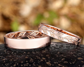 Nature Inspired Couples Ring Set 14k Gold Hand Carving Leaf