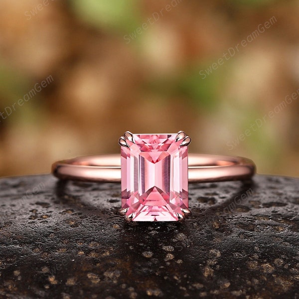Unique Radiant Cut Pink Sapphire Engagement Ring, Solitaire Papalacha Peach Sapphire Wedding Rings For Women, 14k Rose Gold Anniversary Ring
