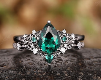 Unique Pear Shape Emerald Black Leaf Engagement Ring Set, Black Gold Emerald Floral Bridal Set, Rhodium Black Wedding Ring Promise Ring Gift