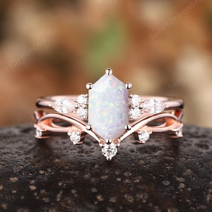 Vintage Long Hexagon White Opal Engagement Ring Set 14k Rose Gold Opal Promise Ring for Women White Fire Opal Wedding Anniversary Ring Gifts
