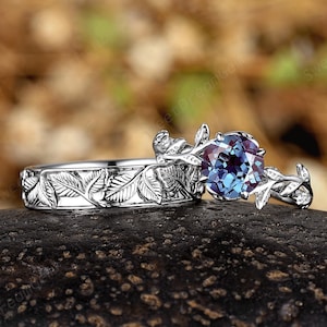 Nature Inspired Leaf Couple Ring Set White Gold Engagement Rings For Women And Men Vintage Mens Wedding Band His And Hers Promise Rings Gift