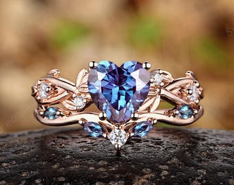 Heart Cut Alexandrite Engagement Ring Set 14k Gold Leaf Nature Inspired Wedding Ring Custom Alexandrite Anniversary Rings For Women Gifts