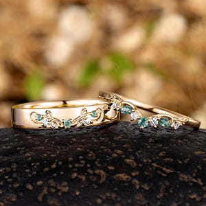 Moss Agate Mens Wedding Band Antique Yellow Gold Leaf Nature Inspired Couple Rings His And Hers Wedding Ring Promise Rings For Women And Men