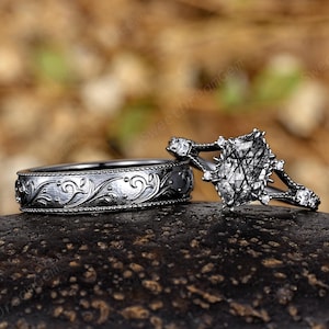 Black Quartz Couple Ring Set Gothic Black Gold His And Hers Wedding Bands Custom Anniversary Rings For Women And Men Stacking Match Rings