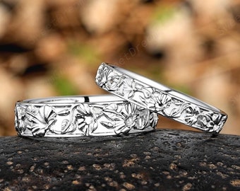 Morning Glory Couple Match Ring Set White Gold Nature Inspired Leaf Floral Promise Rings For Women And Men Cutsom His And Hers Wedding Bands