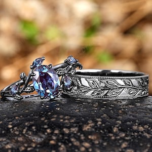 Gothic Black Gold Leaf Couple Ring Set, Oval Alexandrite Engagement Rings For Women And Men Set, Vintage Branch Leaf Mens Anniversary Ring