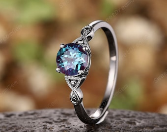 Gothic Alexandrite Black Engagement Ring, Black Gold Promise Ring, Rhodium Black Wedding Ring, Round Shape Alexandrite Bridal Ring Gift