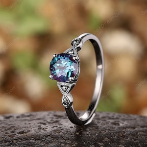 Gothic Alexandrite Black Engagement Ring, Black Gold Promise Ring, Rhodium Black Wedding Ring, Round Shape Alexandrite Bridal Ring Gift