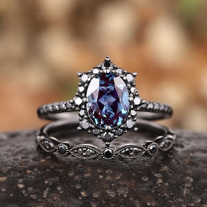 Vintage Oval Cut Alexandrite Black Engagement Ring Set, Unique Black Moissanite Floral Bridal Set, Rhodium Black Dark Promise Wedding Set