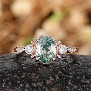 Oval Natural Moss Agate Engagement Ring Vintage Milgrain Moissanite Wedding Ring 14k Gold Leaf Inspired Promise Anniversary Rings For Women