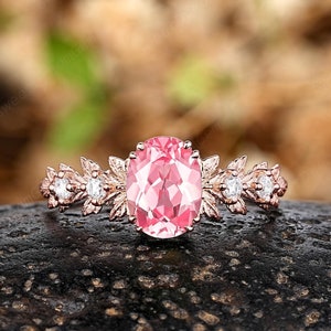 Oval Shape Pink Sapphire Engagement Ring 14k Rose Gold Maple Leaf Nature Inspired Promise Ring Custom Peach Sapphire Anniversary Women Rings