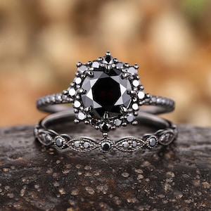 Vintage Round Cut Black Moissanite Engagement Ring Set, Rhodium Black Finish Half Eternity Halo Moissanite Wedding Set, Dark Promise Ring