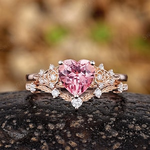 Dainty Heart Pink Sapphire Engagement Ring Set Leaf Nature Inspired Wedding Ring Gold Moissanite Cluster Anniversary Rings For Women Gifts