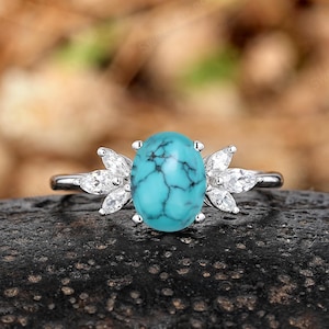Oval Turquoise Engagement Ring Vintage Marquise Moissanite Cluster Wedding Ring Antique White Gold Turquoise Western Promise Rings For Women