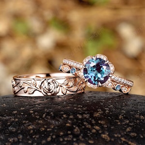 Dainty Alexandrite Couple Ring Set 14k Gold Engagement Rings For Women And Men Custom His And Hers Stacking Match Rings Wedding Bands Gifts