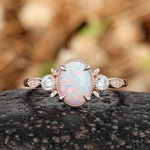 Vintage Oval Shaped White Opal Engagement Ring Custom Milgrain Leaf Anniversary Ring 14k Gold Moissanite Wedding Ring Fire Opal Promise Ring
