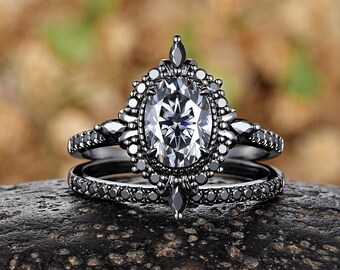 Oval Gray Moissanite Engagement Rings Set Black Gold Straight Wedding Band Black Moissanite Wedding Rings For Women Custom Halo Promise Ring