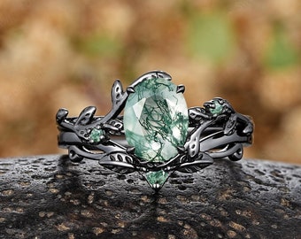 Nature Moss Agate Engagement Ring Set Black Gold Nature Inspired Leaf Promise Ring Custom Oval Moss Agate Anniversary Rings For Women Gifts