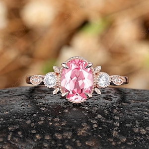 Vintage Oval Pink Sapphire Engagement Ring Custom Milgrain Leaf Women Wedding Ring 14k Gold Moissanite Peach Sapphire Anniversary Ring Gift