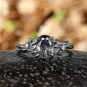 Oval Shaped Black Rutilated Quartz Engagement Ring Custom Leaf Branch Nature Inspired Wedding Ring Personalized Promise Rings For Women Gift