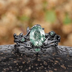 Nature Moss Agate Engagement Ring Set Black Gold Nature Inspired Leaf Promise Ring Custom Oval Moss Agate Anniversary Rings For Women Gifts