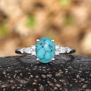 Oval Cut Turquoise Engagement Ring Set Vintage White Gold Moissanite Cluster Wedding Ring Custom Western Anniversary Promise Rings For Women