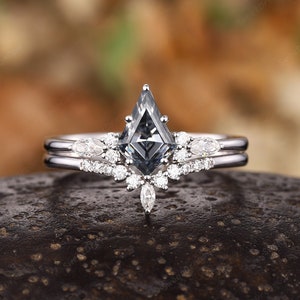Vintage Kite Cut Gray Moissanite Engagement Ring Set Unique 14K White Gold Promise Ring Set Art Deco Grey Moissanite Wedding Ring Bridal Set