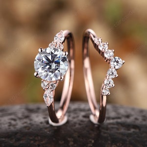 Vintage Round Cut Gray Moissanite Engagement Ring Set Unique 14K Rose Gold Grey Moissanite Wedding Set Promise Ring Art Deco Moissanite Ring