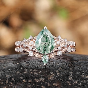 Vintage Pear Moss Agate Engagement Ring Set Custom Nature Inspired Leaf Floral Wedding Ring 14k Gold Agate Anniversary Rings For Women Gifts